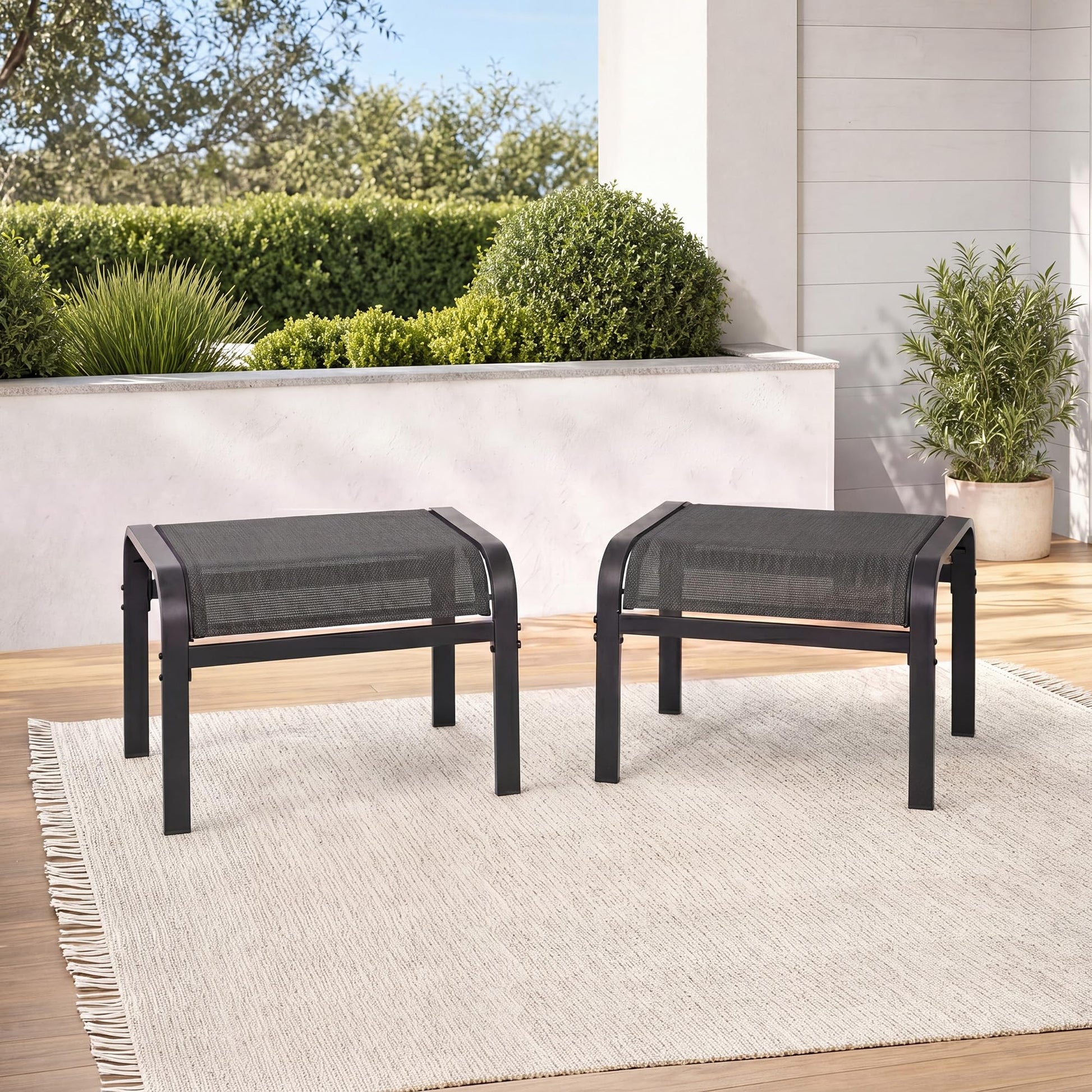 Set 2 otomanas exterior apilables tela Textilene gris estructura metálica Garvee terraza jardín